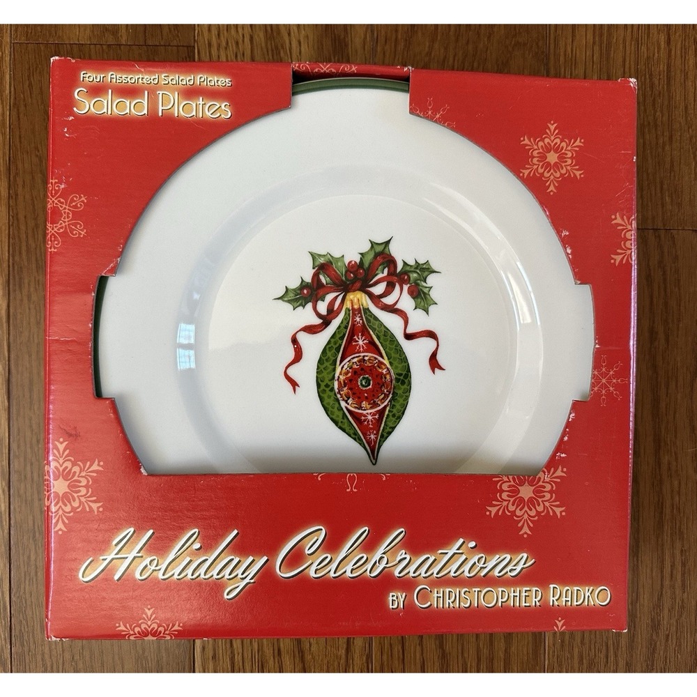 Radko Christmas Holiday Celebrations Ornament Salad Plates Set of 4 New in Box